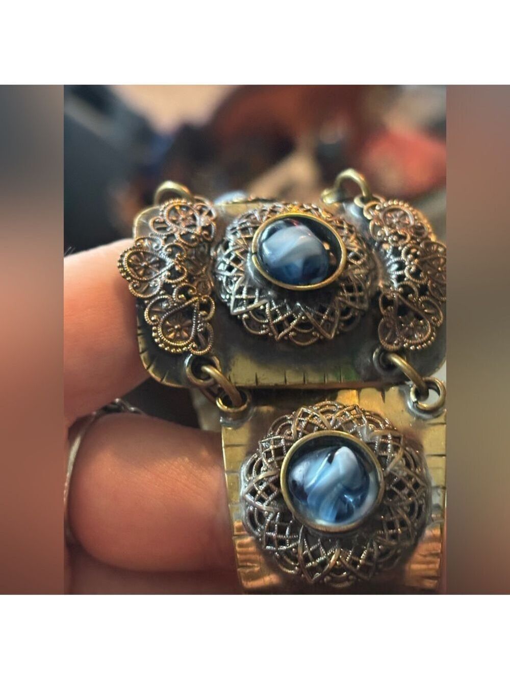 c.1930’s Art Deco Brass Filigree + Hand-Marbled Czech Glass Bracelet • Rare - Picture 13 of 16
